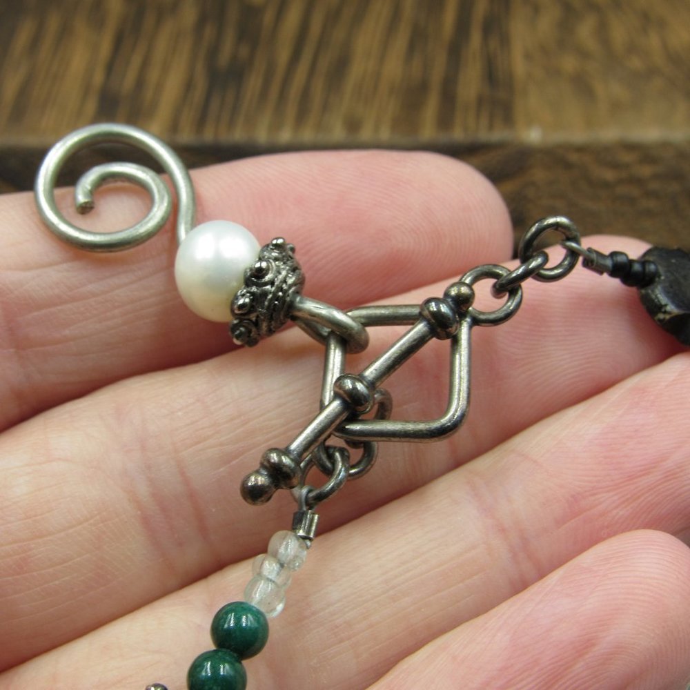 16" Sterling Silver Pearl Jade Chrysoprase Glass Necklace Vintage - Picture 4 of 7